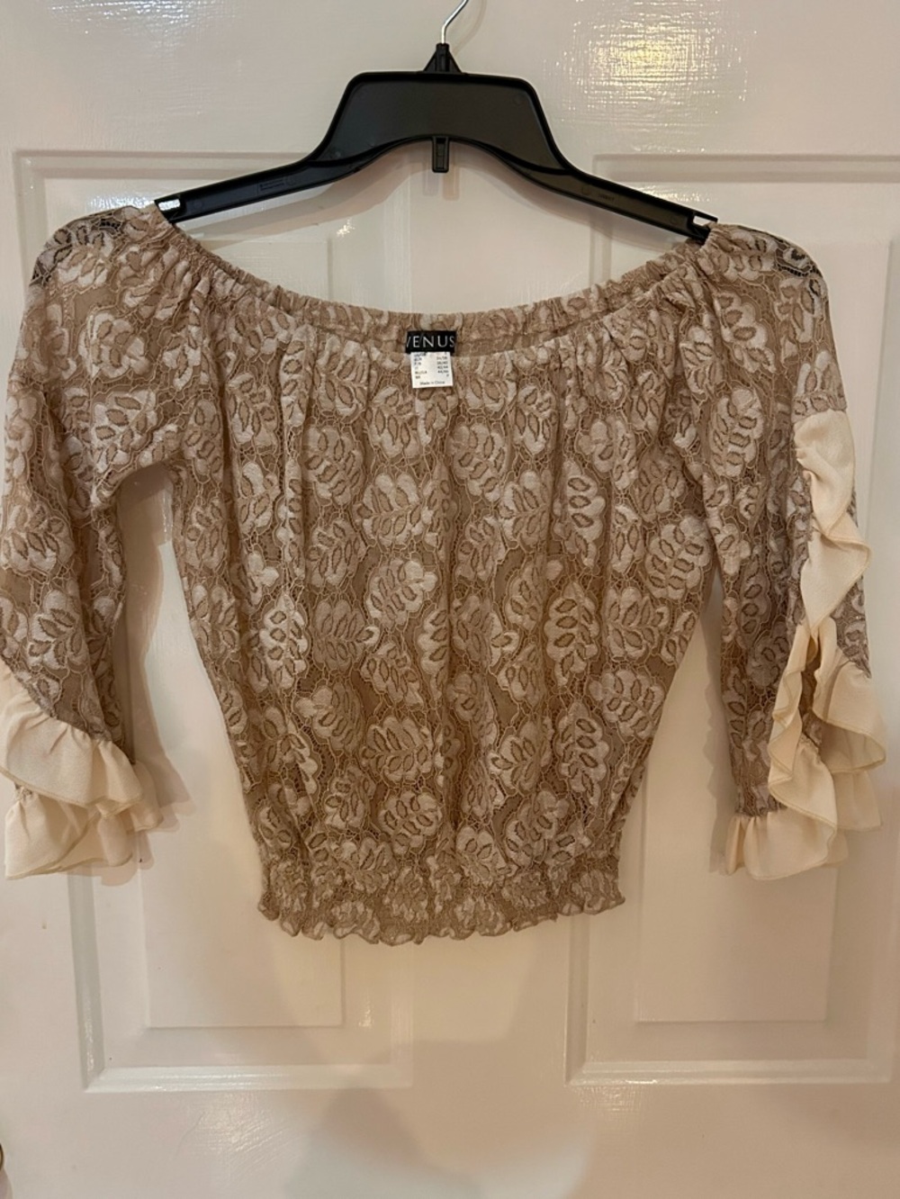 VENUS Beige Lace Off-Shoulder Ruffle Sleeve Top
